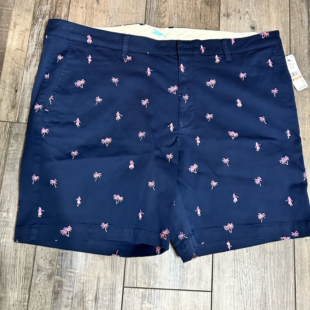 Tommy Bahama Hula Sunset Navy Shorts with Pink Palm Tree Hawaiian hula dancers